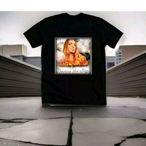 Black Graphic T-Shirt with Orange and White Design